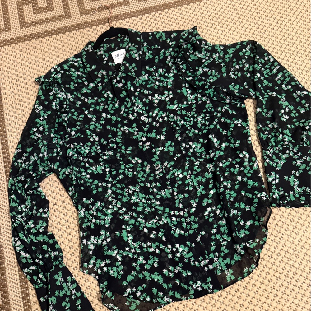 Misa Los Angeles Black and Green Floral Blouse